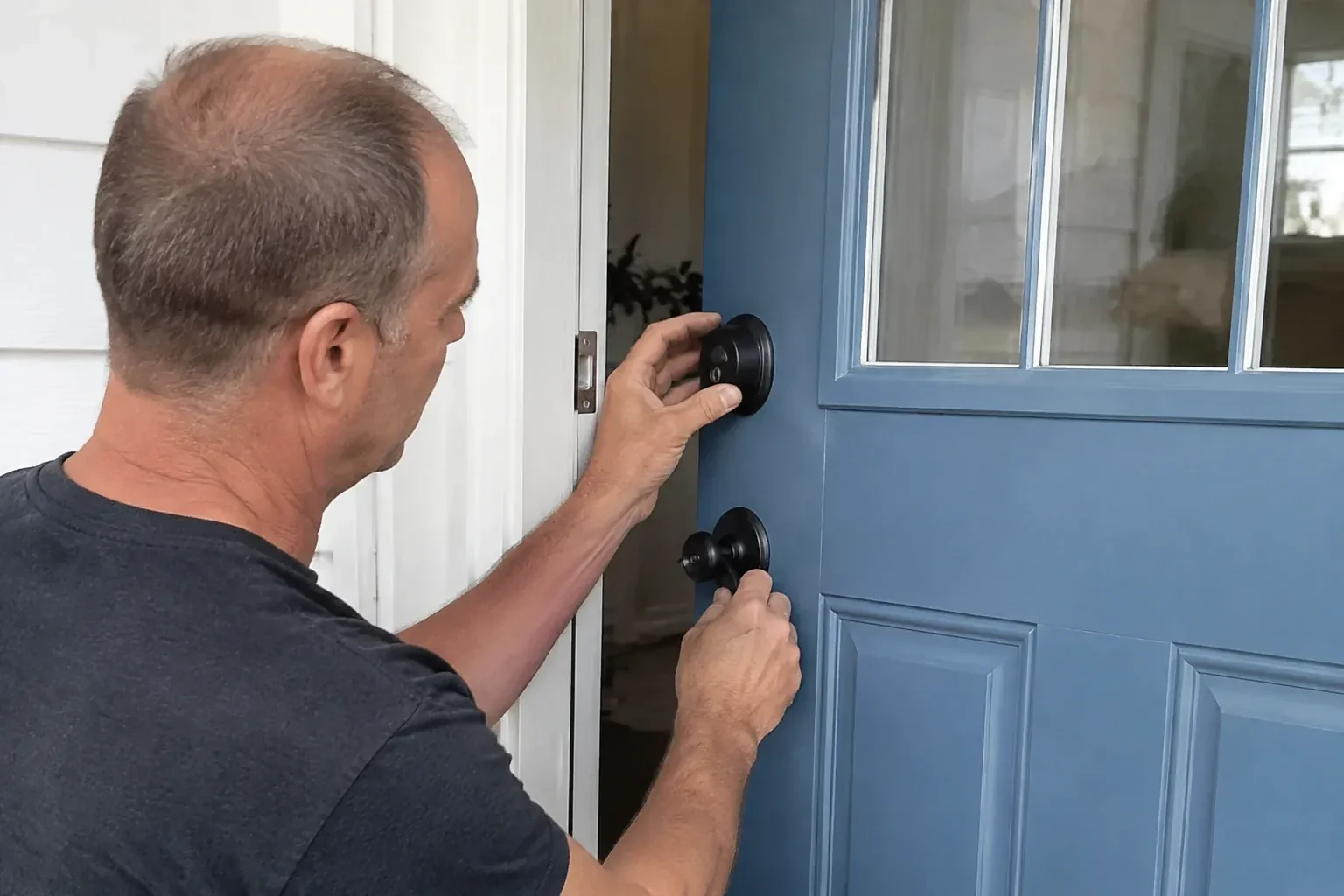 Person holding the black deadbolt and doorknob of a partly open blue front door. — Deadbolt Installation, Toronto