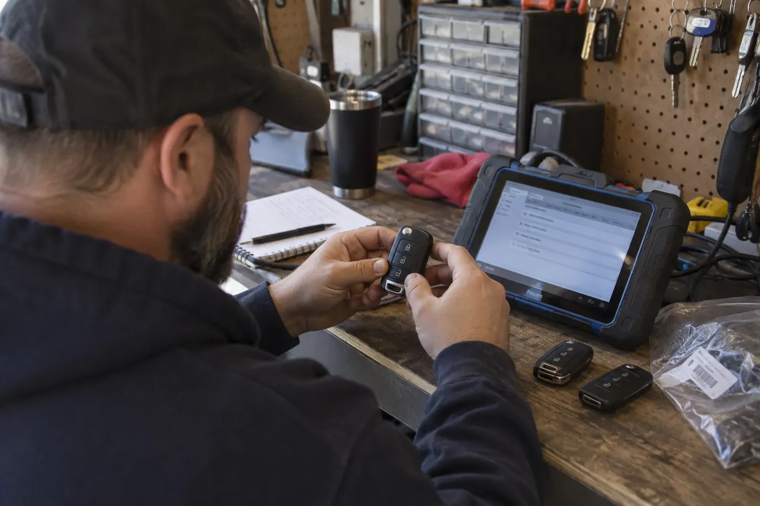 Technician holding a three-button key fob at a workbench with a tablet, two spare fobs, a notebook and a pegboard behind.