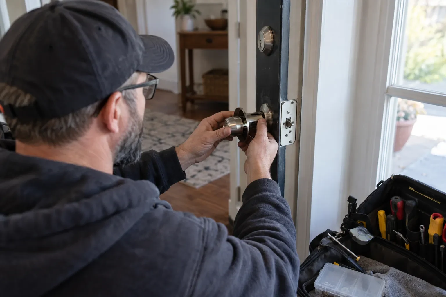 Technician fitting a steel door knob into a door beside a deadbolt, with an open tool bag of screwdrivers nearby.