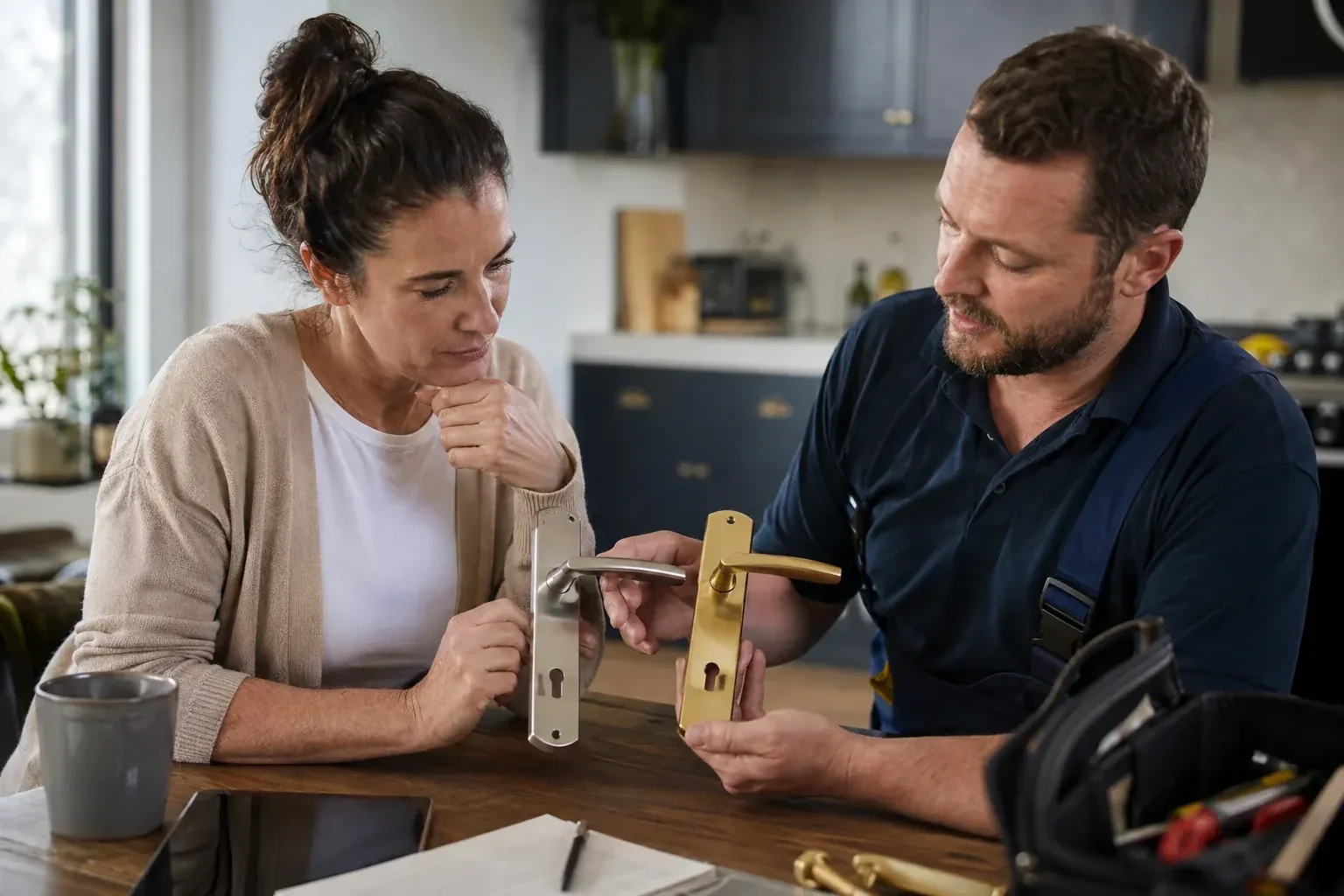 Technician and a seated person comparing two door lever handles on long backplates, one silver and one brass, at a kitchen table.