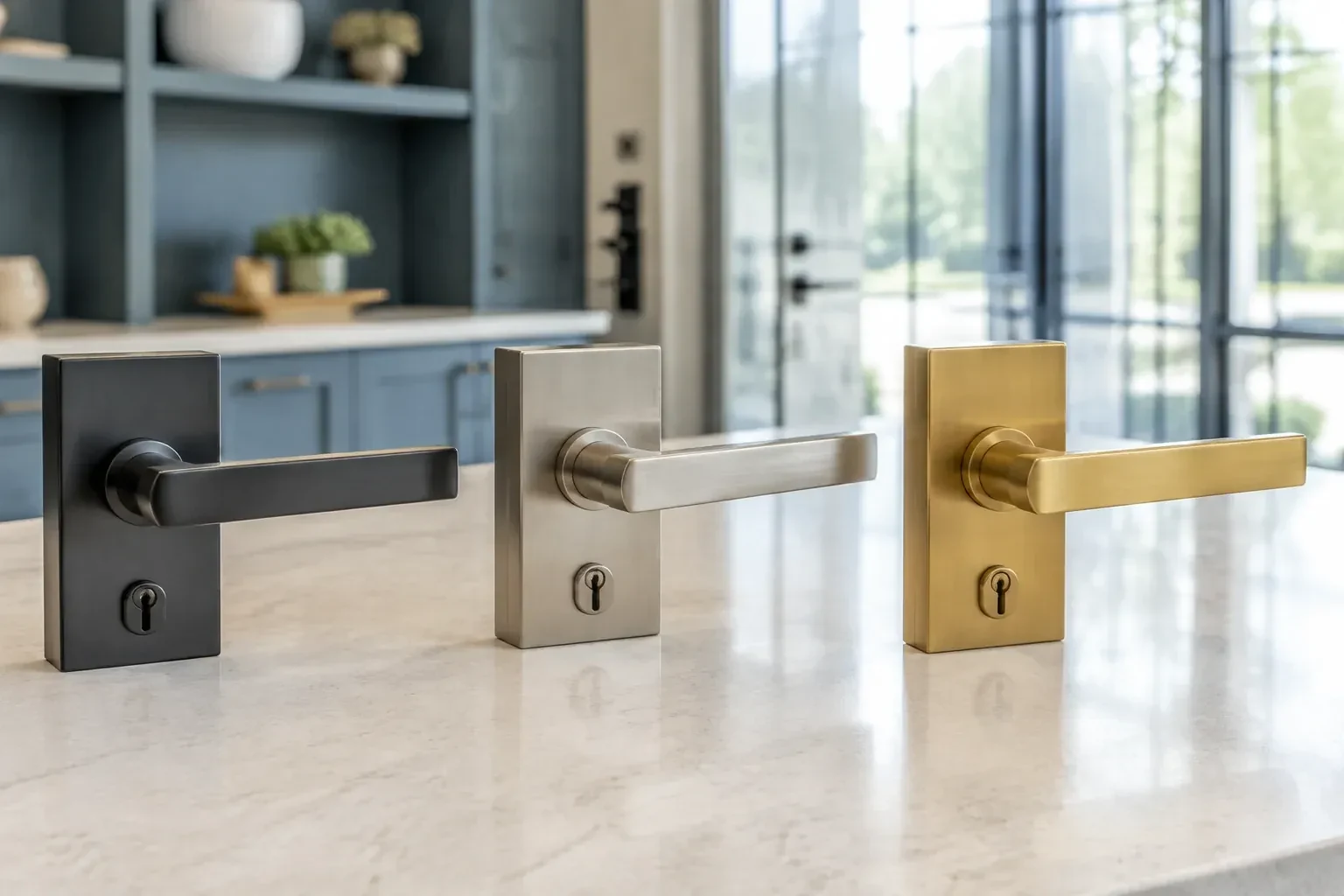 Three rectangular door-handle sets with keyholes in black, silver-colored and gold-colored finishes standing on a countertop. — Commercial Rekeying, Toronto